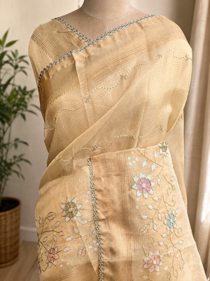 Cream Embroidery Beats Sequin Floral Work And Lightweight Tissue Linen Saree With Unstitched Blouse 5