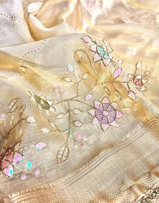 Cream Embroidery Beats Sequin Floral Work And Lightweight Tissue Linen Saree With Unstitched Blouse 6