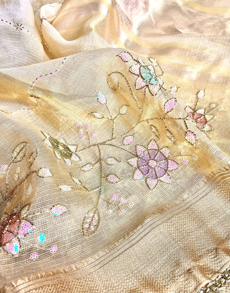 Cream Embroidery Beats Sequin Floral Work And Lightweight Tissue Linen Saree With Unstitched Blouse