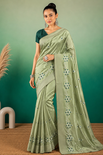 Pista Green Embroidery Design White Thread Work And Akira Cotton Blend Saree With Unstitched Blouse