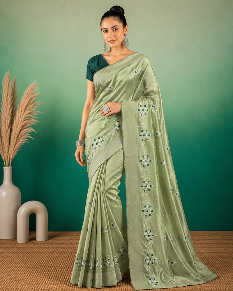 Pista Green Embroidery Design White Thread Work And Akira Cotton Blend Saree With Unstitched Blouse