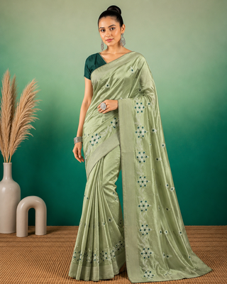 Pista Green Embroidery Design White Thread Work And Akira Cotton Blend Saree With Unstitched Blouse 1