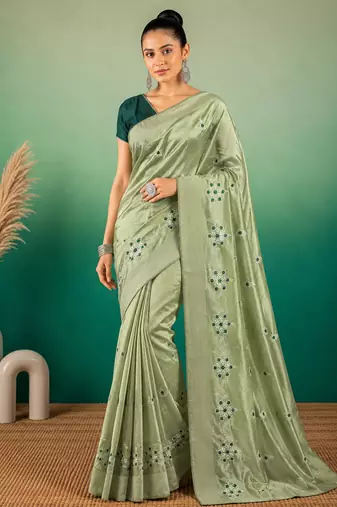 Pista Green Embroidery Design White Thread Work And Akira Cotton Blend Saree With Unstitched Blouse