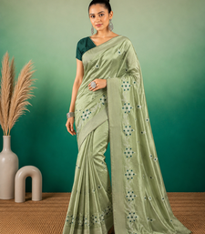 Pista Green Embroidery Design White Thread Work And Akira Cotton Blend Saree With Unstitched Blouse