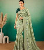 Pista Green Embroidery Design White Thread Work And Akira Cotton Blend Saree With Unstitched Blouse