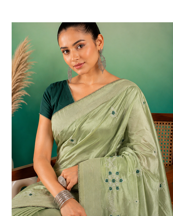 Pista Green Embroidery Design White Thread Work And Akira Cotton Blend Saree With Unstitched Blouse 2