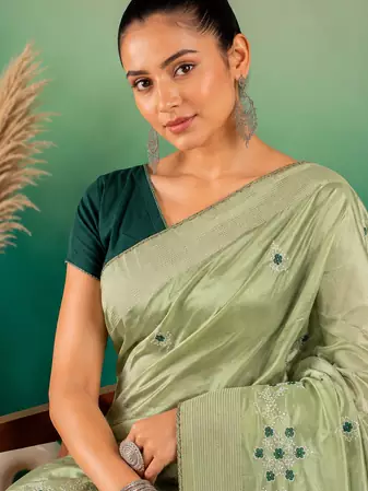 Pista Green Embroidery Design White Thread Work And Akira Cotton Blend Saree With Unstitched Blouse