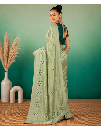 Pista Green Embroidery Design White Thread Work And Akira Cotton Blend Saree With Unstitched Blouse 3