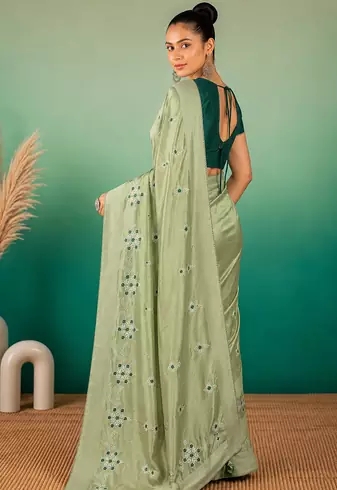 Pista Green Embroidery Design White Thread Work And Akira Cotton Blend Saree With Unstitched Blouse