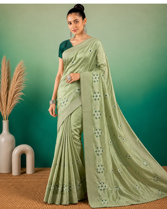 Pista Green Embroidery Design White Thread Work And Akira Cotton Blend Saree With Unstitched Blouse 4
