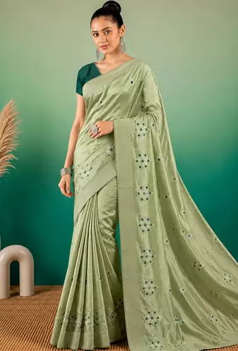 Pista Green Embroidery Design White Thread Work And Akira Cotton Blend Saree With Unstitched Blouse