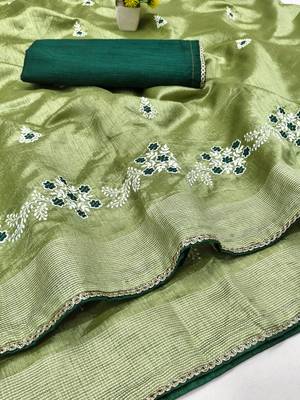Pista Green Embroidery Design White Thread Work And Akira Cotton Blend Saree With Unstitched Blouse 5