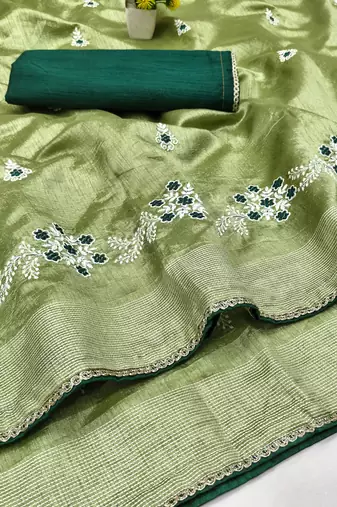 Pista Green Embroidery Design White Thread Work And Akira Cotton Blend Saree With Unstitched Blouse