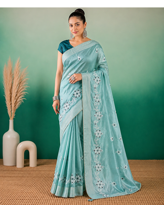 Aqua Blue Embroidery Design White Thread Work And Akira Cotton Silk Saree With Unstitched Blouse 1