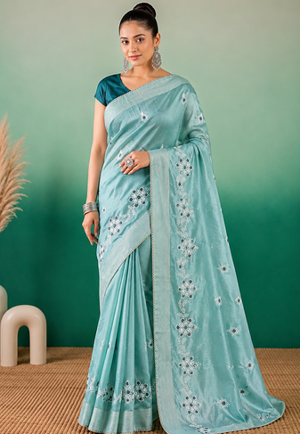 Aqua Blue Embroidery Design White Thread Work And Akira Cotton Silk Saree With Unstitched Blouse