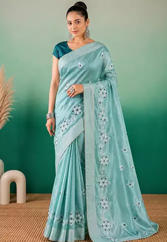 Aqua Blue Embroidery Design White Thread Work And Akira Cotton Silk Saree With Unstitched Blouse