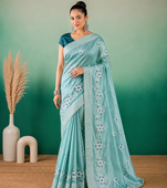 Aqua Blue Embroidery Design White Thread Work And Akira Cotton Silk Saree With Unstitched Blouse