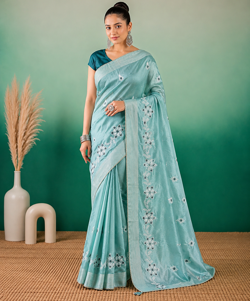 Aqua Blue Embroidery Design White Thread Work And Akira Cotton Silk Saree With Unstitched Blouse