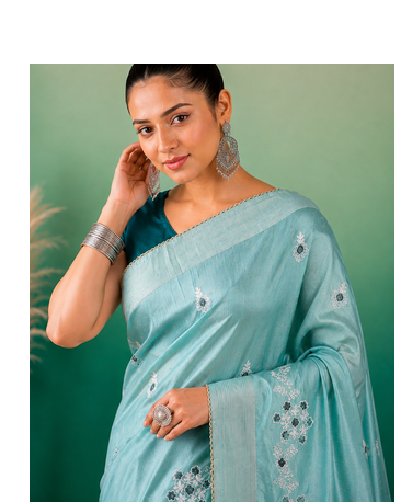 Aqua Blue Embroidery Design White Thread Work And Akira Cotton Silk Saree With Unstitched Blouse 2