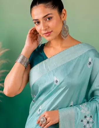 Aqua Blue Embroidery Design White Thread Work And Akira Cotton Silk Saree With Unstitched Blouse