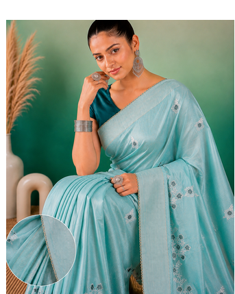 Aqua Blue Embroidery Design White Thread Work And Akira Cotton Silk Saree With Unstitched Blouse 3