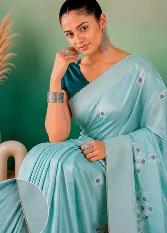 Aqua Blue Embroidery Design White Thread Work And Akira Cotton Silk Saree With Unstitched Blouse