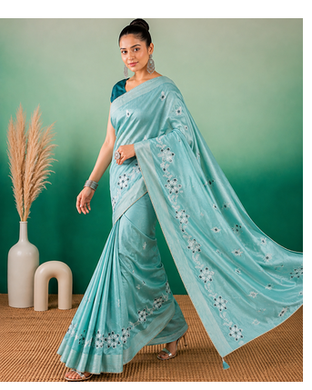 Aqua Blue Embroidery Design White Thread Work And Akira Cotton Silk Saree With Unstitched Blouse 4