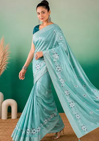 Aqua Blue Embroidery Design White Thread Work And Akira Cotton Silk Saree With Unstitched Blouse