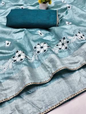 Aqua Blue Embroidery Design White Thread Work And Akira Cotton Silk Saree With Unstitched Blouse 5