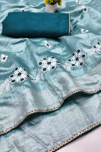 Aqua Blue Embroidery Design White Thread Work And Akira Cotton Silk Saree With Unstitched Blouse