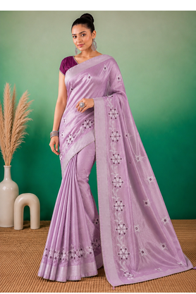 Lavender Embroidery Design White Thread Work And Akira Cotton Blend Saree With Unstitched Blouse 1