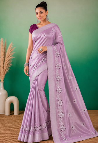 Lavender Embroidery Design White Thread Work And Akira Cotton Blend Saree With Unstitched Blouse
