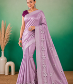 Lavender Embroidery Design White Thread Work And Akira Cotton Blend Saree With Unstitched Blouse