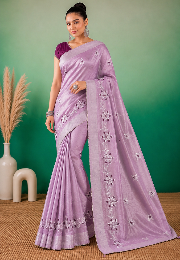 Lavender Embroidery Design White Thread Work And Akira Cotton Blend Saree With Unstitched Blouse