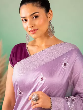 Lavender Embroidery Design White Thread Work And Akira Cotton Blend Saree With Unstitched Blouse