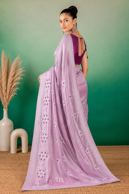 Lavender Embroidery Design White Thread Work And Akira Cotton Blend Saree With Unstitched Blouse 3