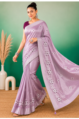 Lavender Embroidery Design White Thread Work And Akira Cotton Blend Saree With Unstitched Blouse 4