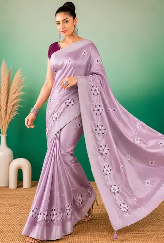 Lavender Embroidery Design White Thread Work And Akira Cotton Blend Saree With Unstitched Blouse
