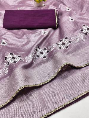 Lavender Embroidery Design White Thread Work And Akira Cotton Blend Saree With Unstitched Blouse 5
