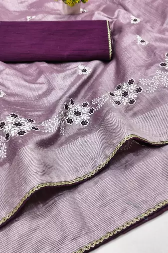 Lavender Embroidery Design White Thread Work And Akira Cotton Blend Saree With Unstitched Blouse