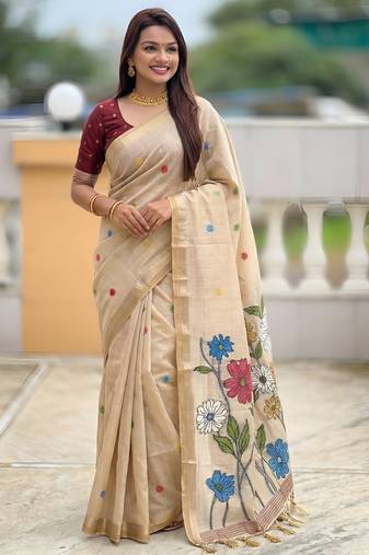 cream color soft cotton blend saree meenakari small motifs design with blouse