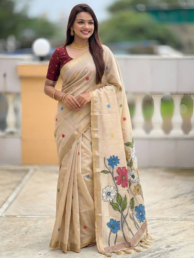 cream color soft cotton blend saree meenakari small motifs design with blouse