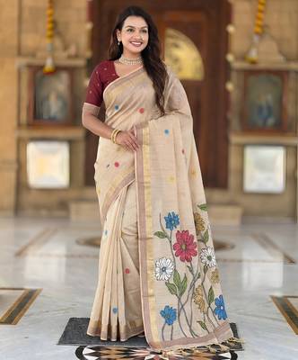 cream color soft cotton blend saree meenakari small motifs design with blouse 2