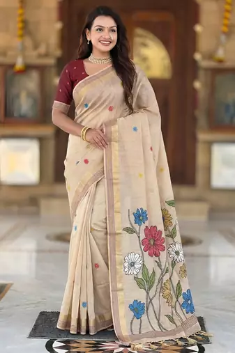 cream color soft cotton blend saree meenakari small motifs design with blouse