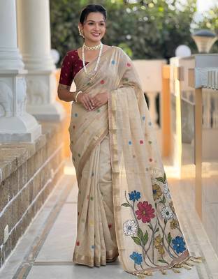 cream color soft cotton blend saree meenakari small motifs design with blouse 3