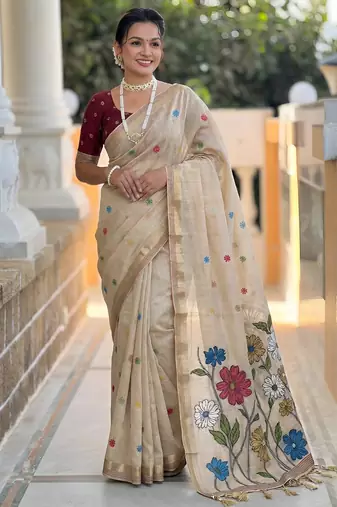 cream color soft cotton blend saree meenakari small motifs design with blouse