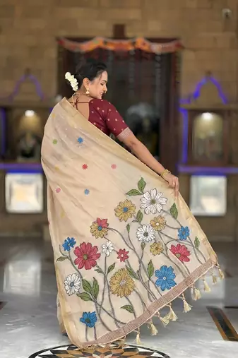 cream color soft cotton blend saree meenakari small motifs design with blouse