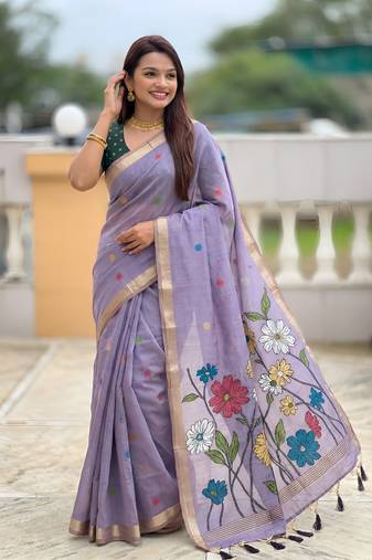 lavender color soft cotton blend saree meenakari small motifs design with blouse