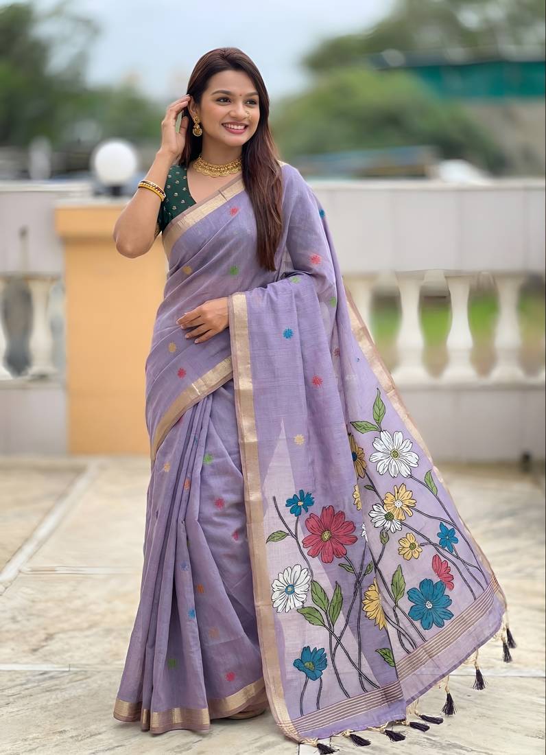 lavender color soft cotton blend saree meenakari small motifs design with blouse