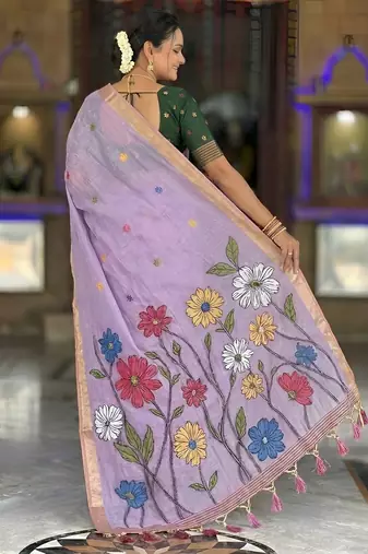 lavender color soft cotton blend saree meenakari small motifs design with blouse